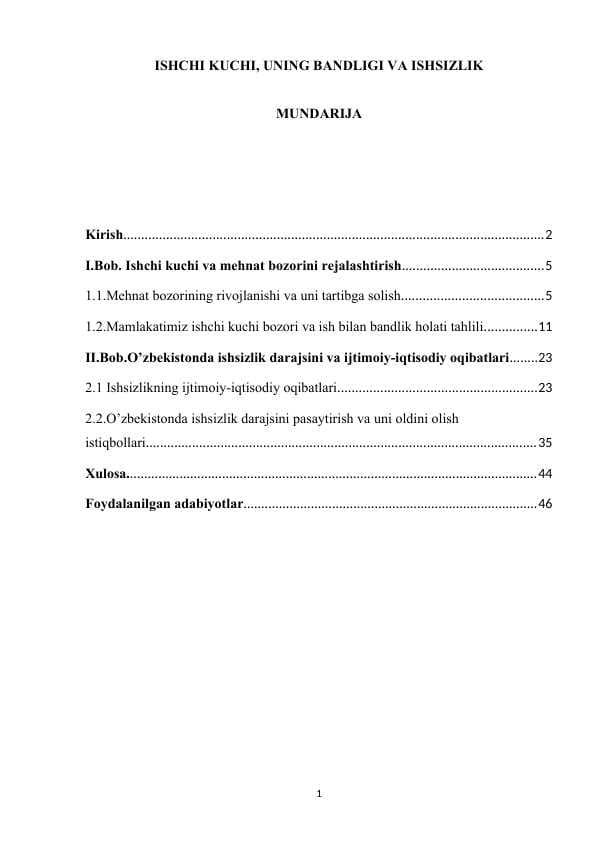 Ishchi kuchi, uning bandligi va ishsizlik