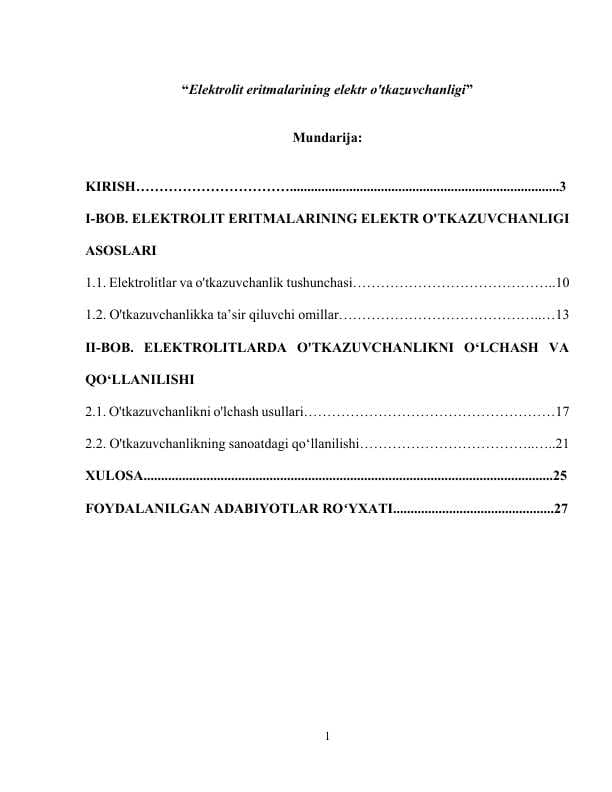 Elektrolit eritmalarining elektr o'tkazuvchanligi