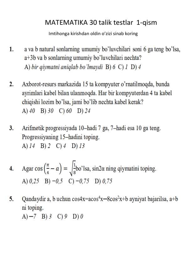 MATEMATIKADAN 30 TALIK TESTLAR    JAVOBLARI BILAN