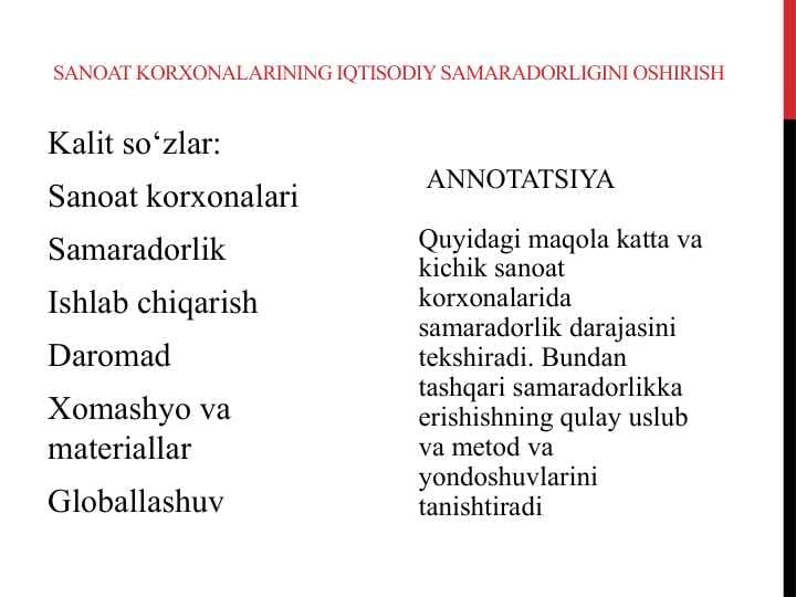 Sanoat korxonalarining iqtisodiy samaradorligini oshirish