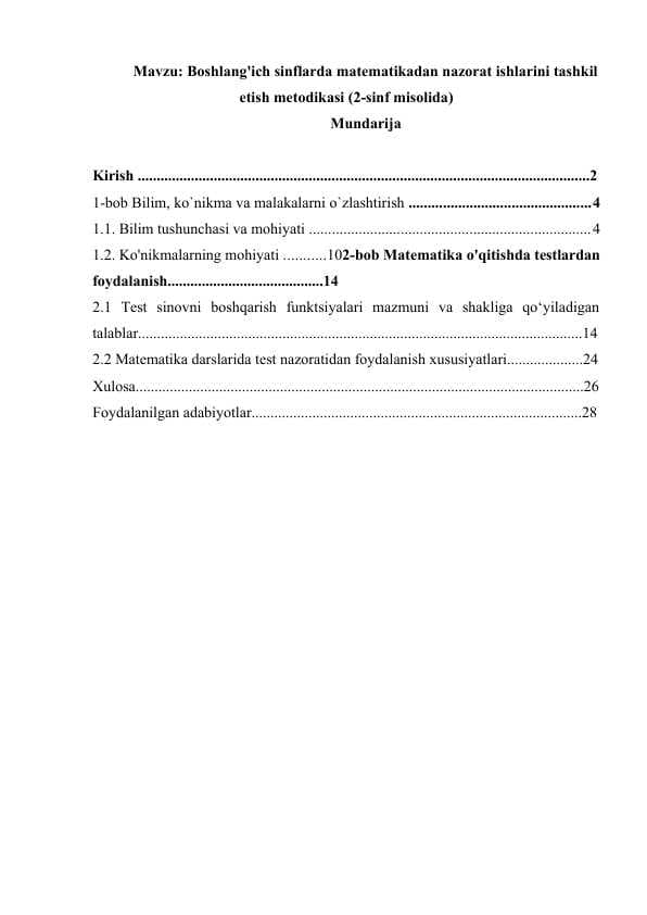 Boshlang'ich sinflarda matematikadan nazorat ishlarini tashkil etish metodikasi (2-sinf misolida)