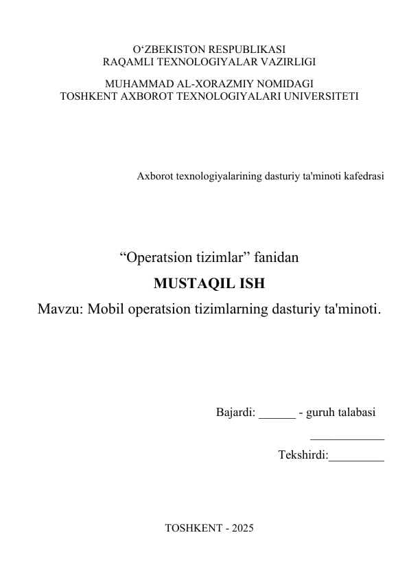 Mobil operatsion tizimlarning dasturiy ta'minoti