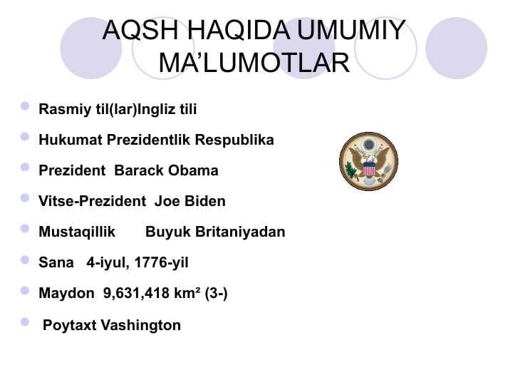 AQSH HAQIDA UMUMIY MA’LUMOTLAR
