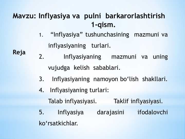 Inflyasiya va  pulni  barkarorlashtirish