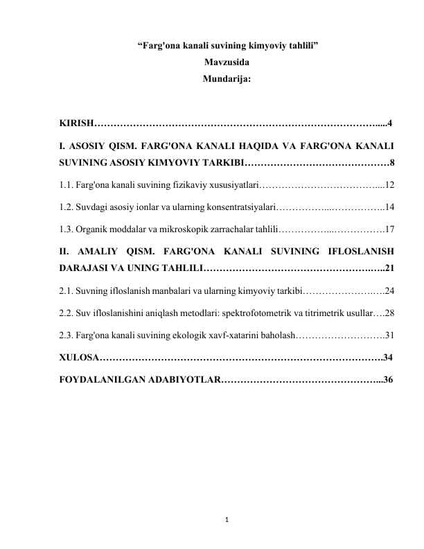 Farg'ona kanali suvining kimyoviy tahlili