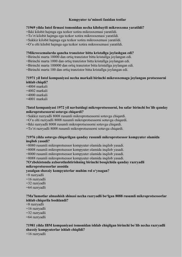 Kompyuter ta’minoti fanidan testlar