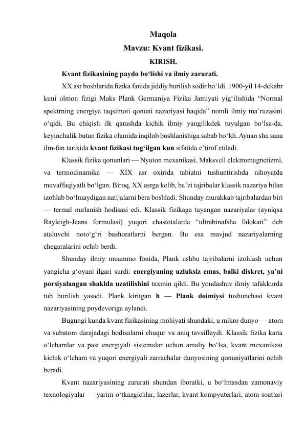 Kvant fizikasi. maqola.