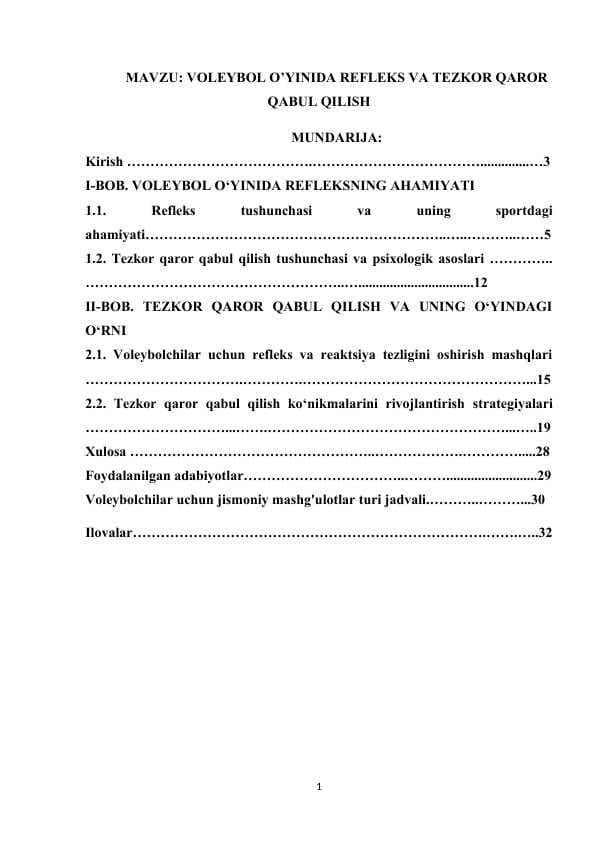 VOLEYBOL O’YINIDA REFLEKS VA TEZKOR QAROR QABUL QILISH