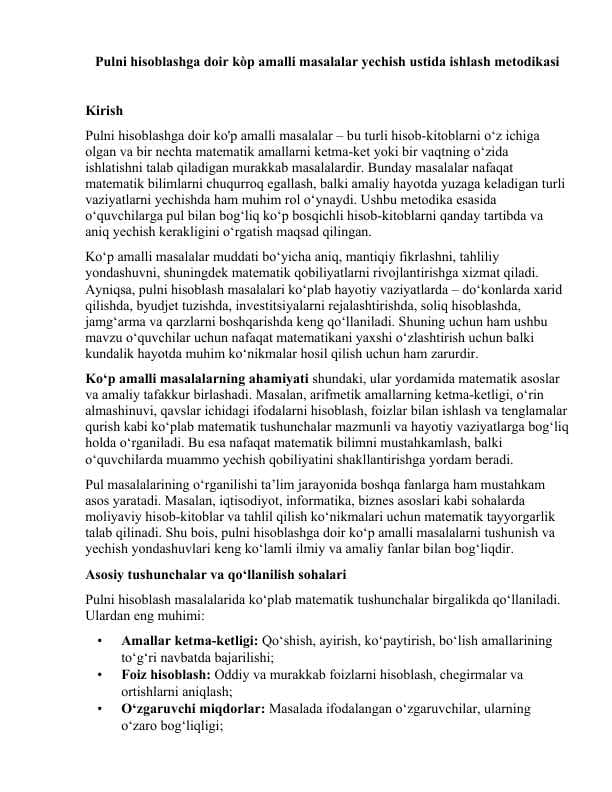 Pulni hisoblashga doir kòp amalli masalalar yechish ustida ishlash metodikasi