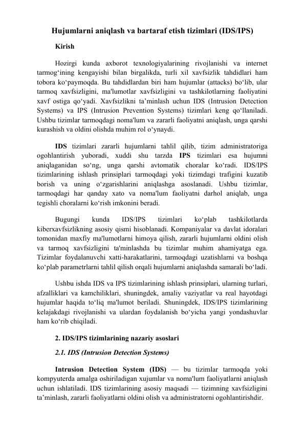Hujumlarni aniqlash va bartaraf etish tizimlari