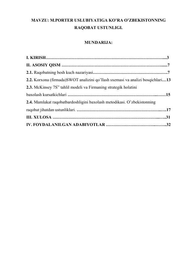 M.PORTER USLUBIYATIGA KO’RA O’ZBEKISTONNING RAQOBAT USTUNLIGI..docx