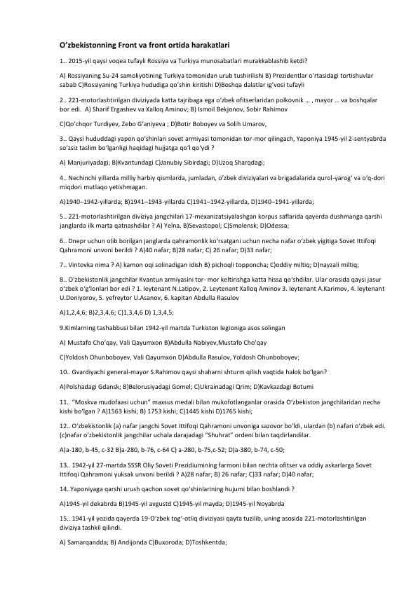 O’zbekistonning Front va front ortida harakatlari (test 15ta javobli)