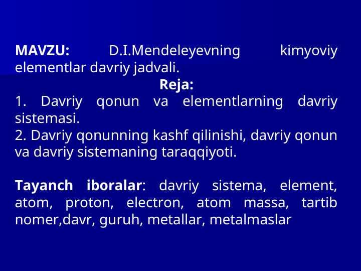 D.I.Mendeleyevning kimyoviy elementlar davriy jadvali