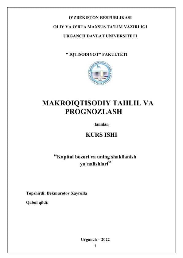 Kapital bozori va uning shakllanish yo`nalishlari
