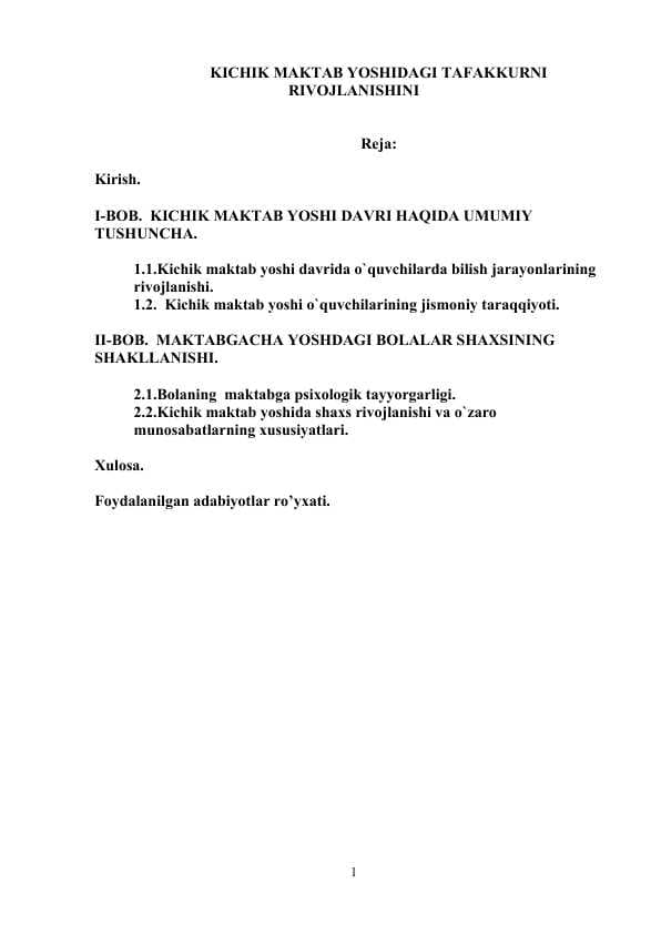KICHIK MAKTAB YOSHIDAGI TAFAKKURNI RIVOJLANISHINI