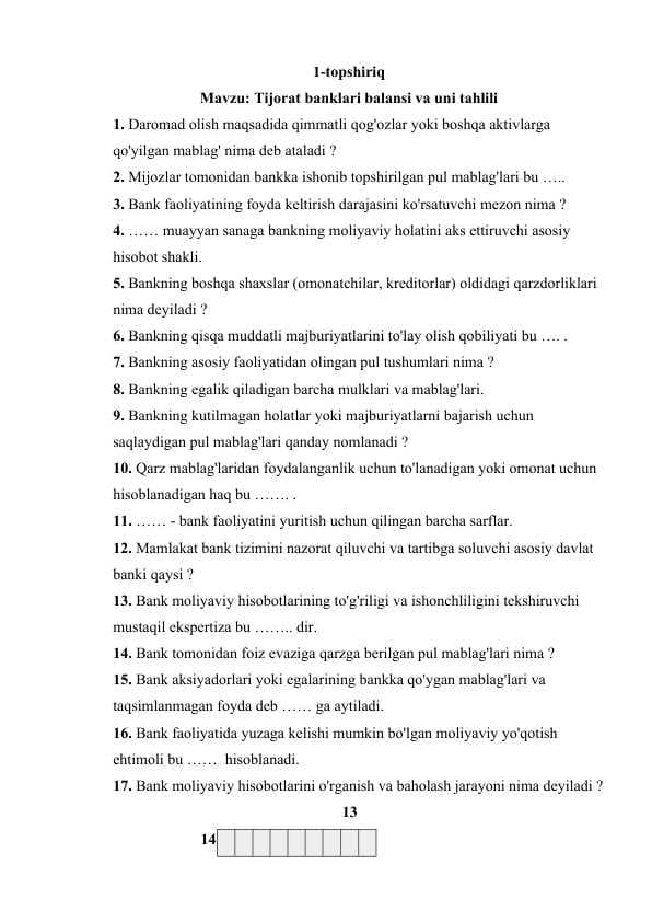 BANK TAHLILI BO'YICHA VA BANK SOHASI BO'YICHA KRASSVORD, TEST, KEYS LARDAN IBORAT 16 TALIK TOPSHIRIQLAR JAVOBLARI BILAN