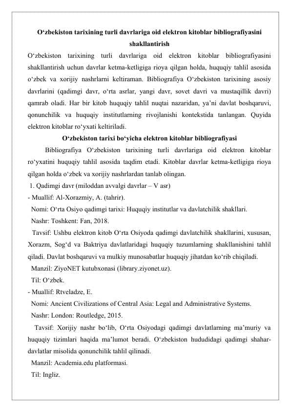 O‘zbekiston tarixining turli davrlariga oid elektron kitoblar bibliografiyasini shakllantirish 26