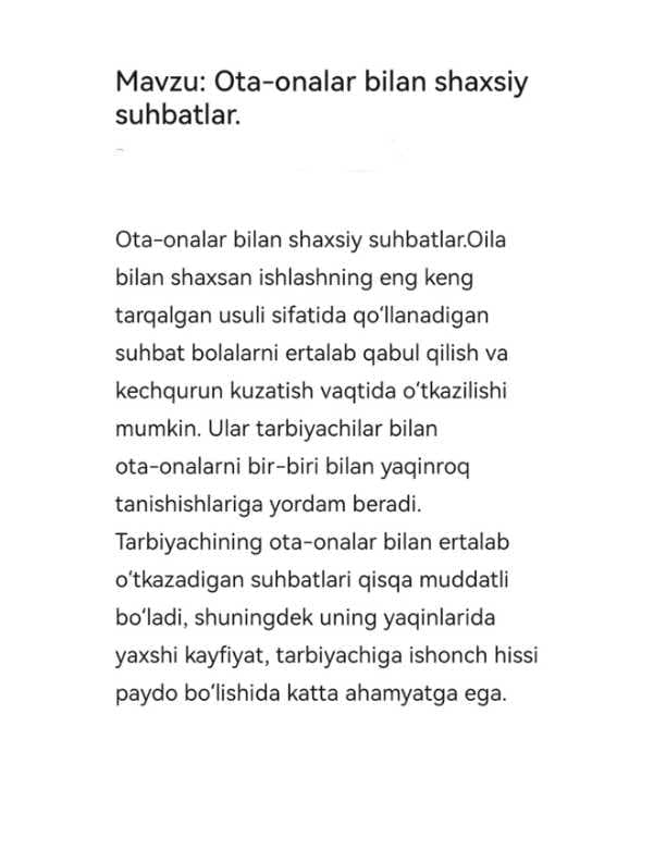 Ota onalar bilan olib boriladigan shaxsiy suxbatlar