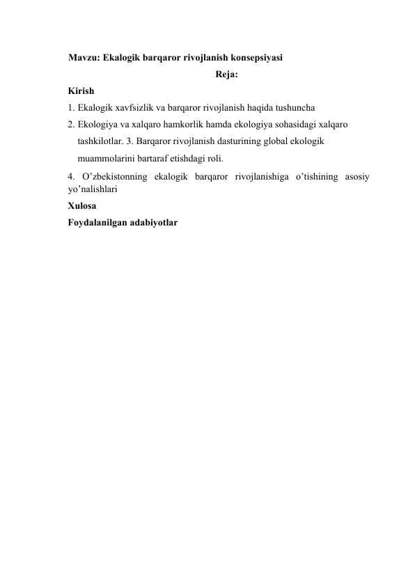 EKALOGIK  BARQAROR RIVOJLANISH KONSEPSIYASI