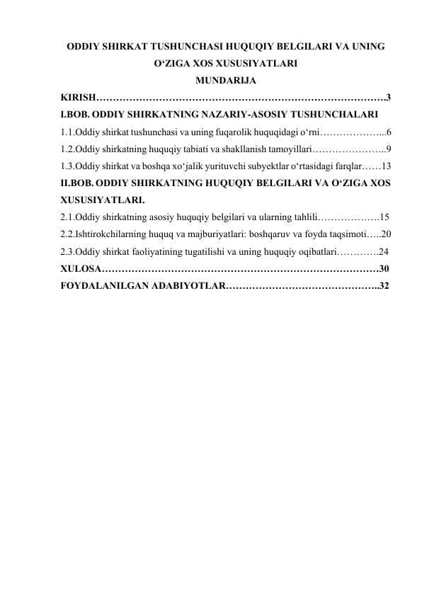 ODDIY SHIRKAT TUSHUNCHASI HUQUQIY BELGILARI VA UNING O‘ZIGA XOS XUSUSIYATLARI