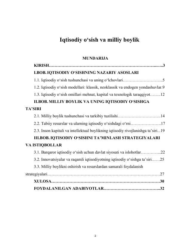 Iqtisodiy o‘sish va milliy boylik