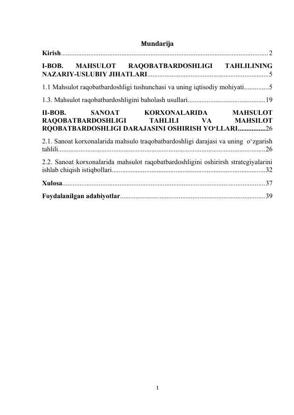 Korxona mahsulotining raqobatdoshligi tahlil