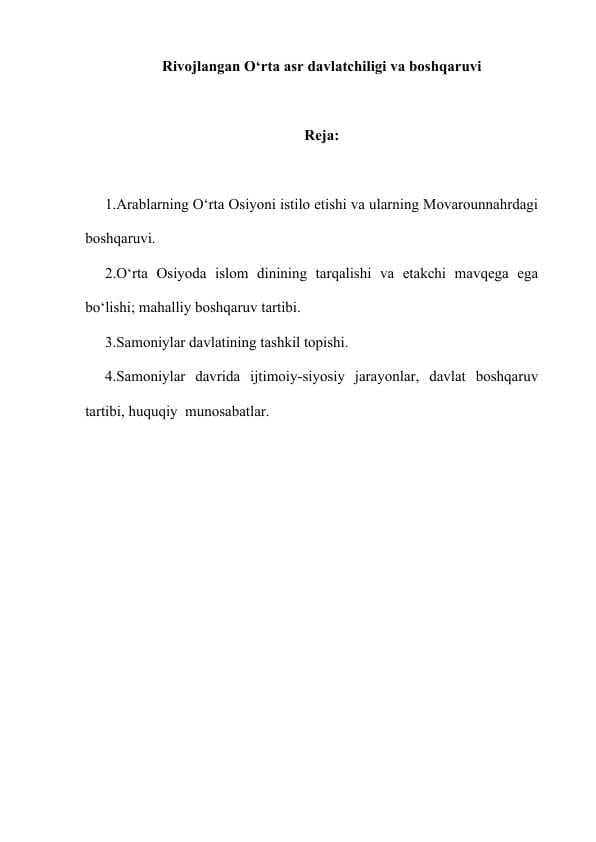 Rivojlangan O‘rta asr davlatchiligi va boshqaruvi