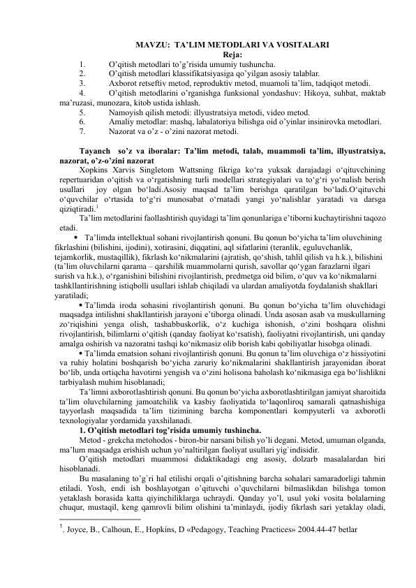 TA’LIM METODLARI VA VOSITALARI