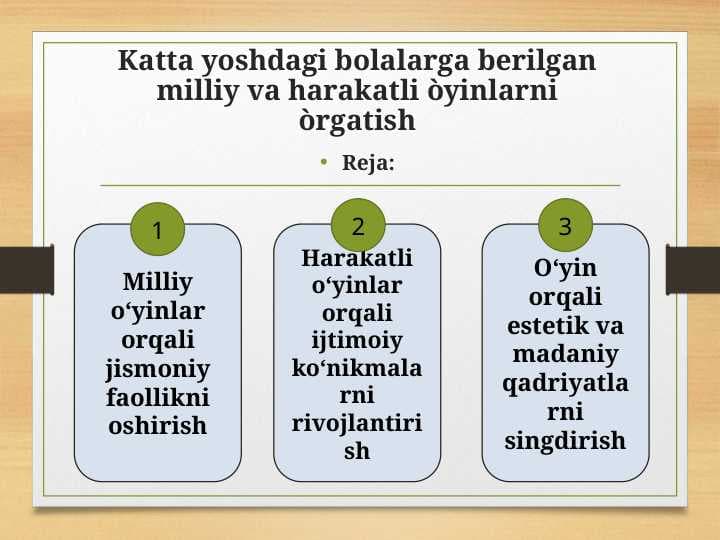 Katta yoshdagi bolalarga berilgan milliy va harakatli òyinlarni òrgatish