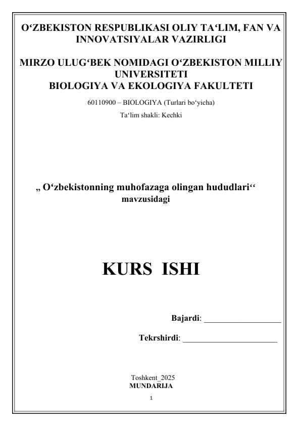 Oʻzbekistonning muhofazaga olingan hududlari - kurs ishi