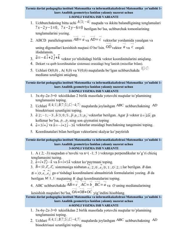 Analitik geometriya fanidan yakuniy nazorat ishi savollari