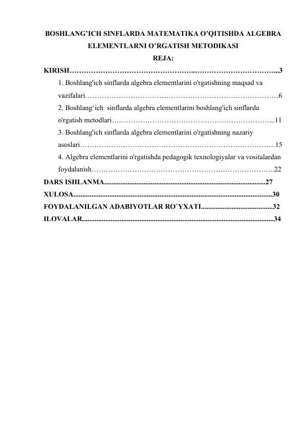 BOSHLANG’ICH SINFLARDA MATEMATIKA O’QITISHDA ALGEBRA  ELEMENTLARNI O’RGATISH METODIKASI