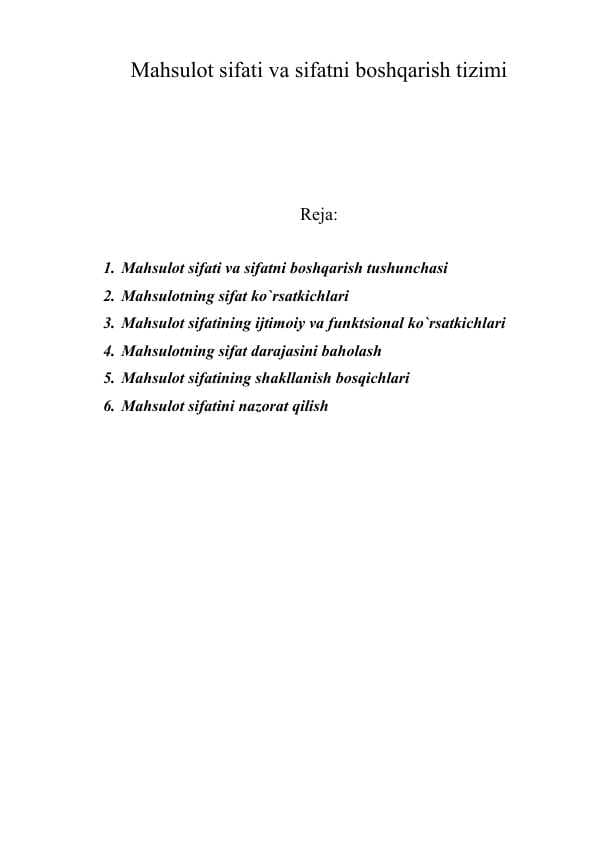 Mahsulot sifati va sifatni boshqarish tizimi