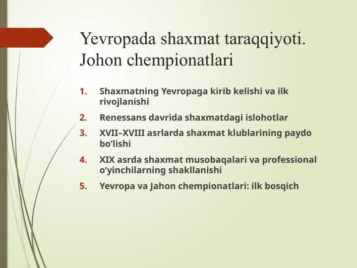 Yevropada shaxmat taraqqiyoti. Johon chempionatlari