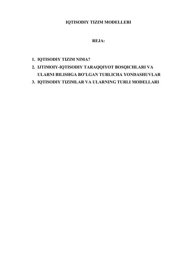IQTISODIY TIZIM MODELLERI