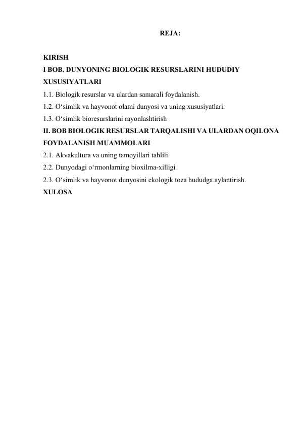 JAHONNING BIOLOGIK RESURSLARI
