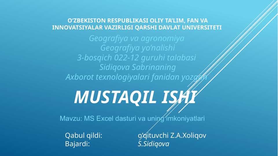 MS Excel dasturi va uning imkoniyatlari