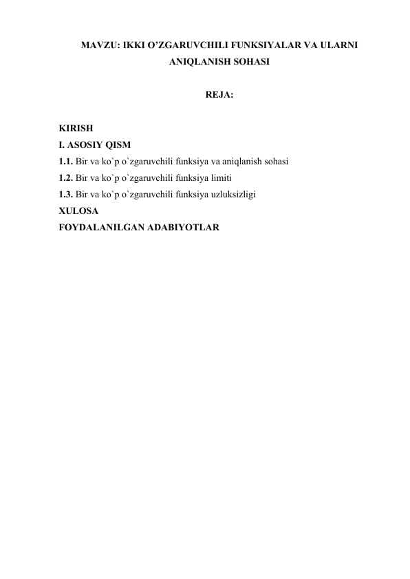 IKKI O’ZGARUVCHILI FUNKSIYALAR VA ULARNI ANIQLANISH SOHASI
