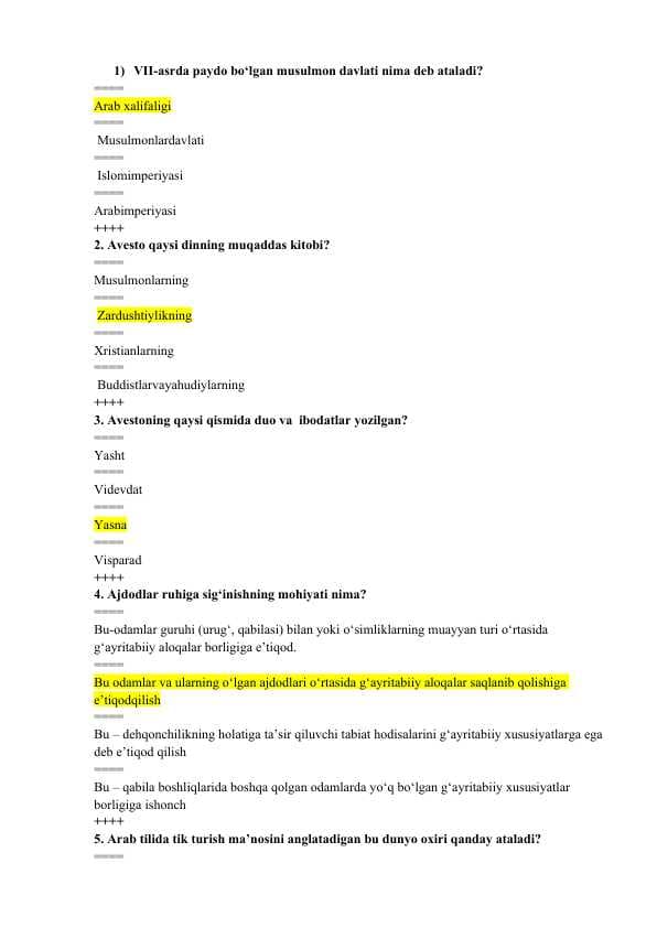 Dunyoviy dinlar tarixi fanidan yakuniy test savollari va javoblari.