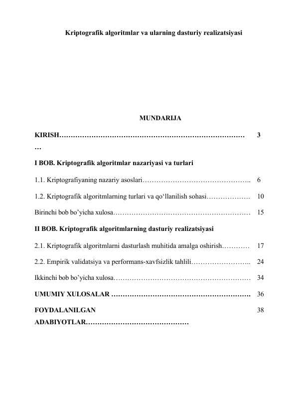Kurs ishi | Kriptografik algoritmlar va ularning dasturiy realizatsiyasi