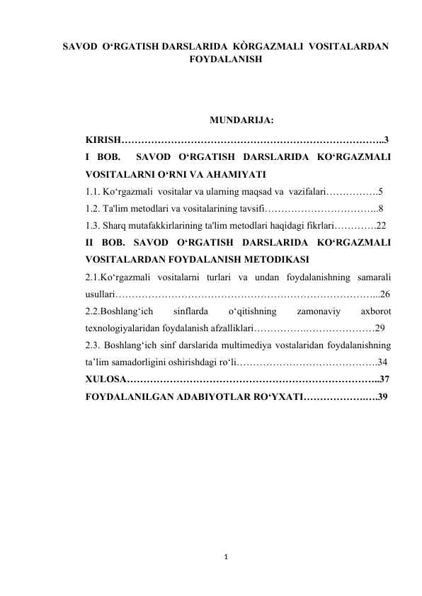 SAVOD  O‘RGATISH DARSLARIDA  KO'RGAZMALI  VOSITALARDAN  FOYDALANISH