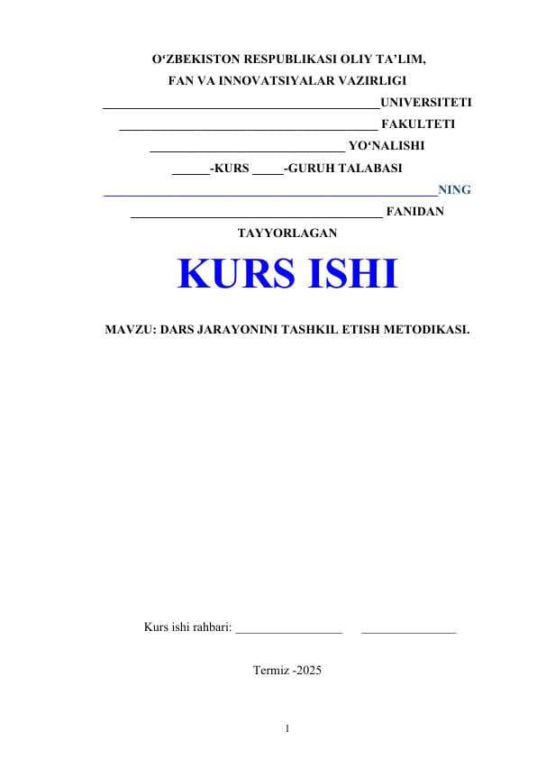 DARS JARAYONINI TASHKIL ETISH METODIKASI.