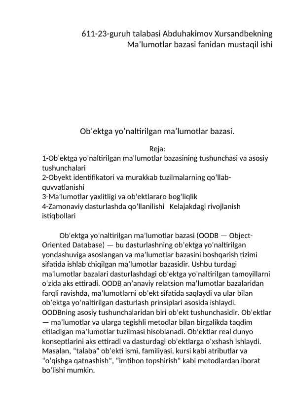 Ob’ektga yo’naltirilgan ma’lumotlar bazasi.