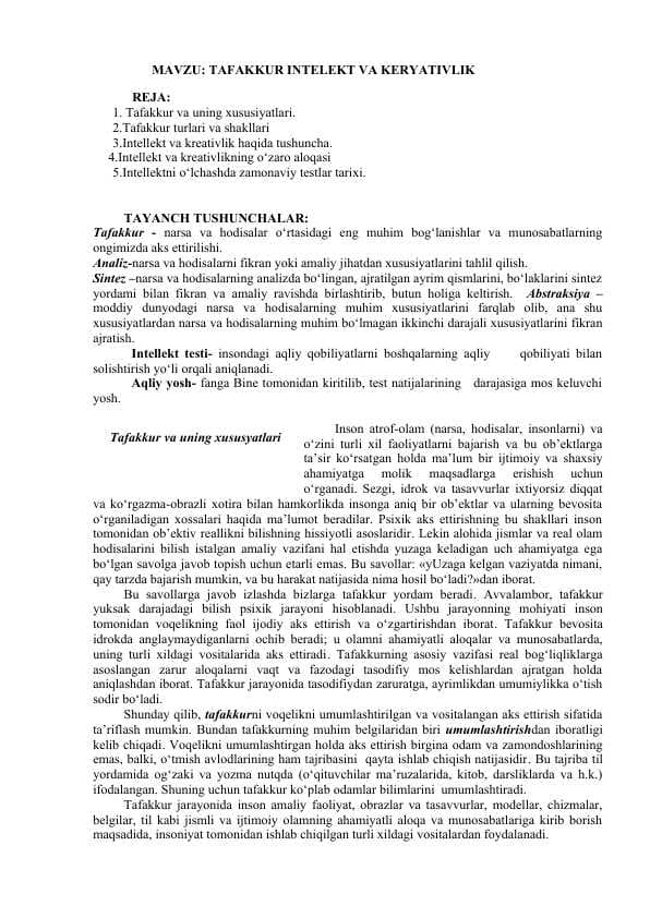 TAFAKKUR INTELEKT VA KERYATIVLIK