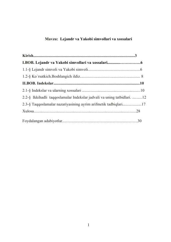 Lejandr va Yakobi simvollari xossalari algebra