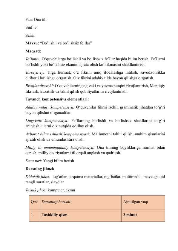 Bo’lishli va bo’lishsiz fe’llar