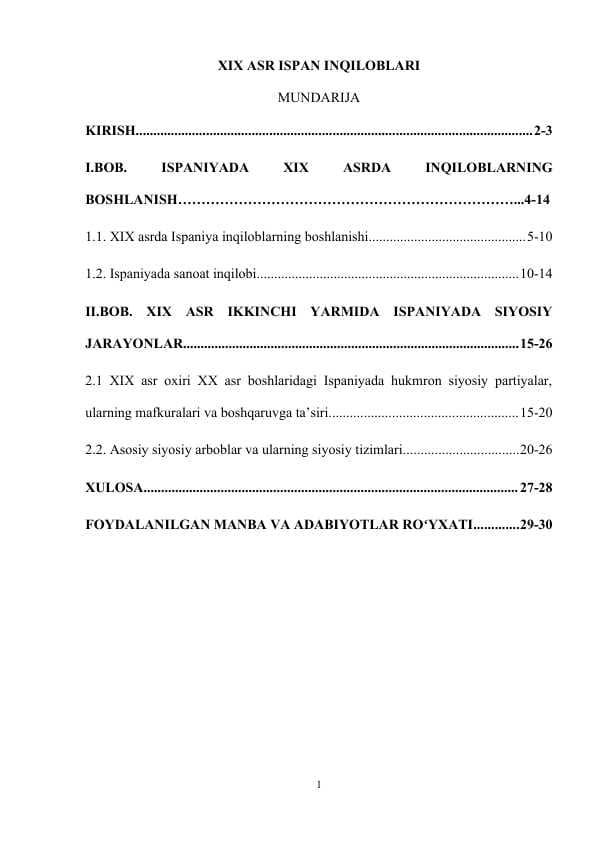 XIX asr ispan inqiloblari kurs ishi
