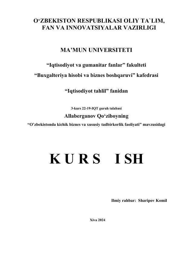 O’ZBEKISTONDA KICHIK BIZNES VA XUSUSIY TADBIRKORLIK FAOLIYATI