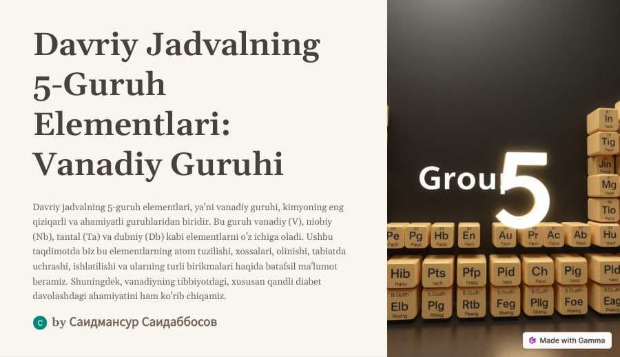 Davriy Jadvalning 5-Guruh Elementlari: Vanadiy Guruhi