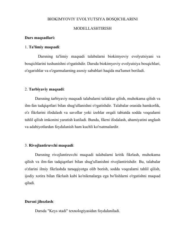 BIOKIMYOVIY EVOLYUTSIYA BOSQICHLARINI MODELLASHTIRISH